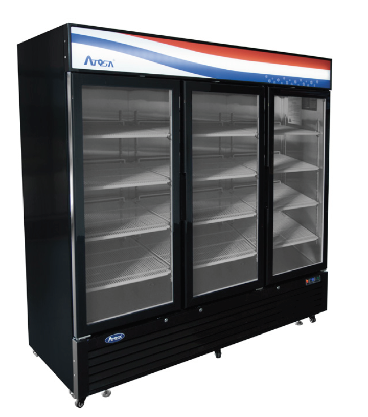 Expositor refrigerado Atosa preto com três portas de vidro